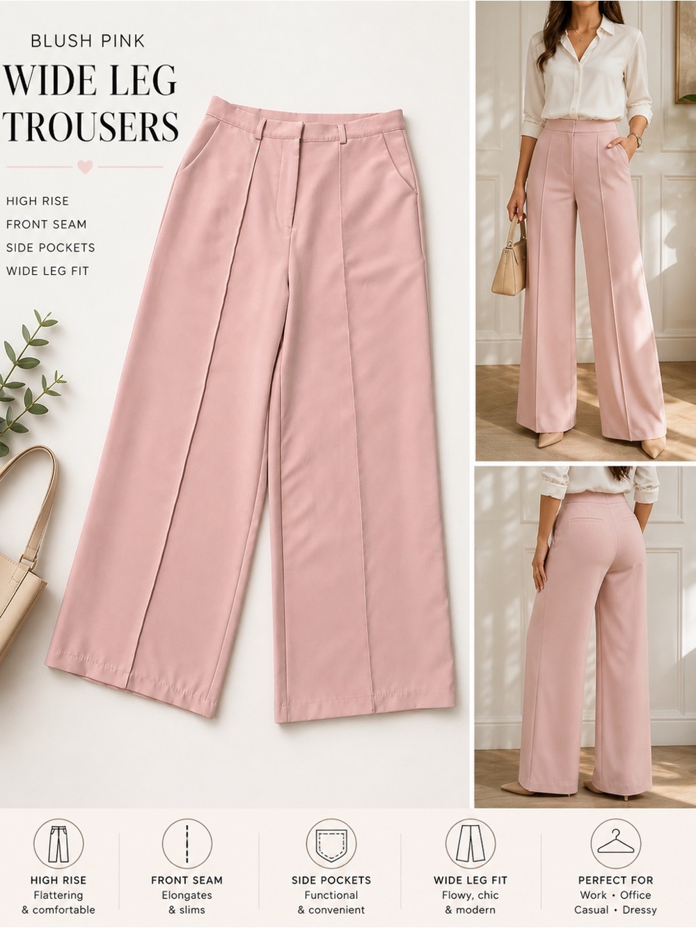 Good Luck Gem Pink Wide Leg Trousers Size M High Rise Front Seam Dress Pants